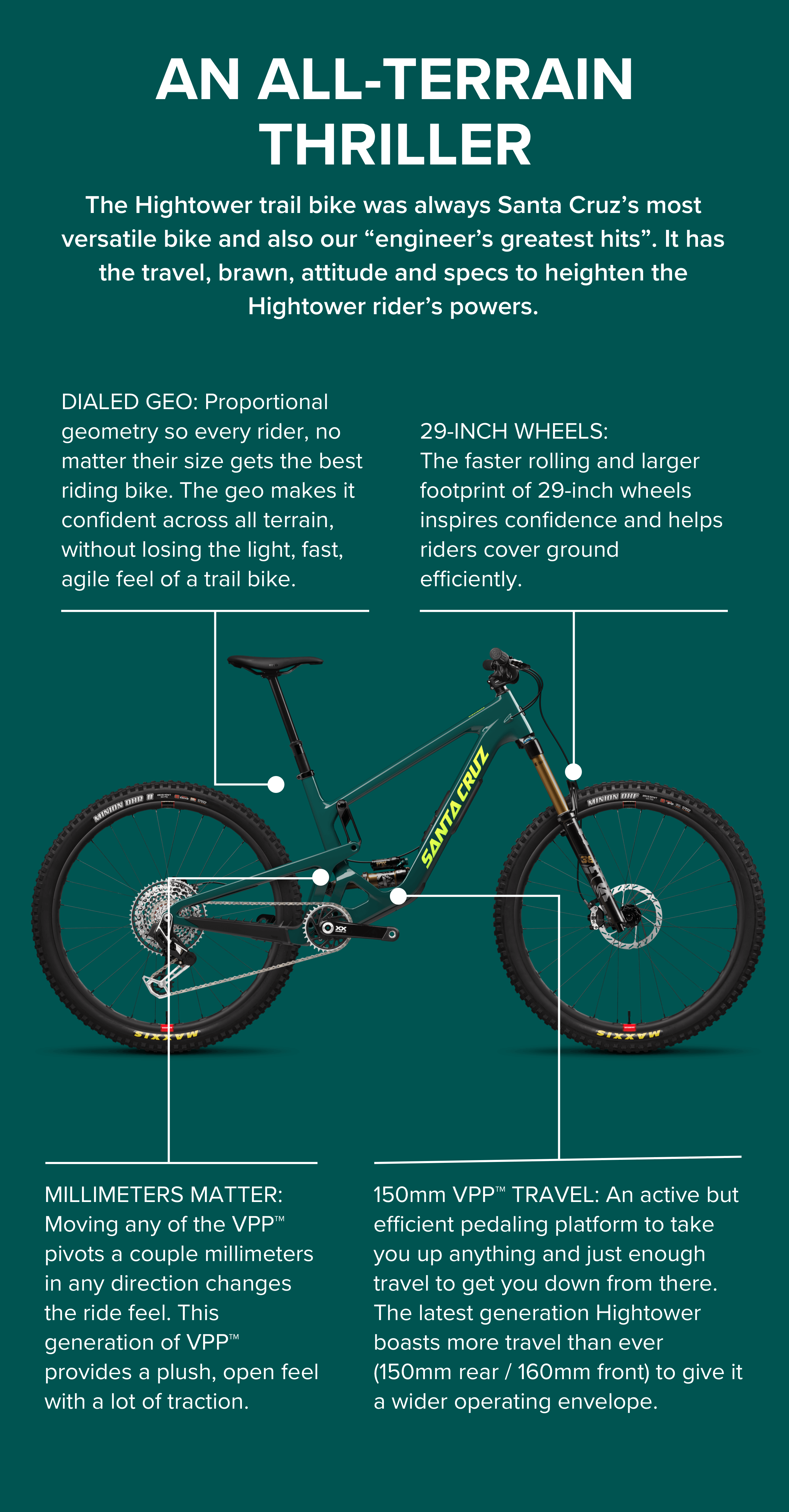 An All Terrain Thriller: The Hightower trail bike was always Santa Cruz's most versatile bike and also our 'engineer's greatest hits'. It has the travel, brawn, attitude and specs to heighten the Hightower rider's powers.